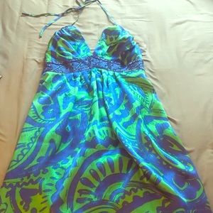 Silk halter mini dress (above the knee)